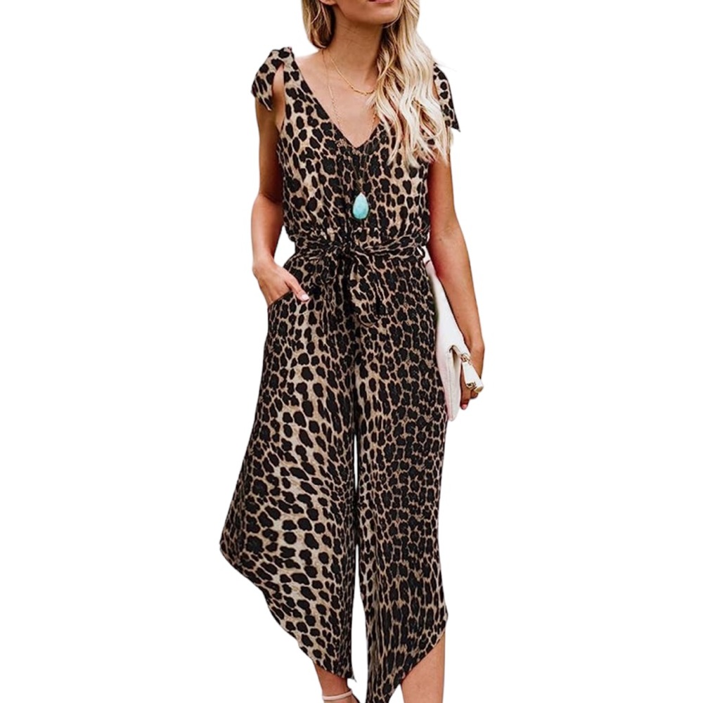 BELONGSCI : NWT V-Neck Long Romper Leopard Print Jumpsuits with Belt -Size Small